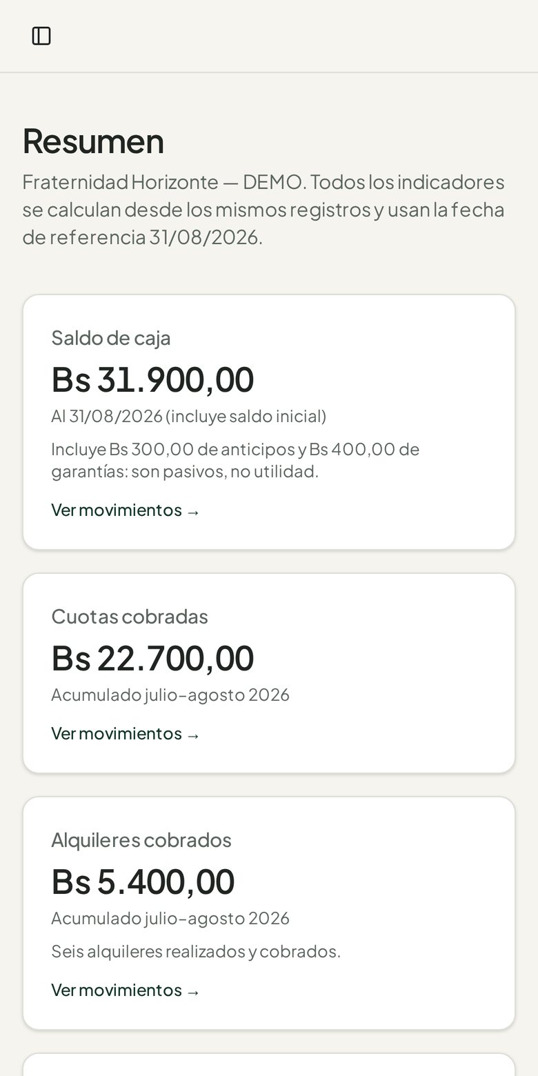 FRATERNO en el celular: resumen de caja de la fraternidad.