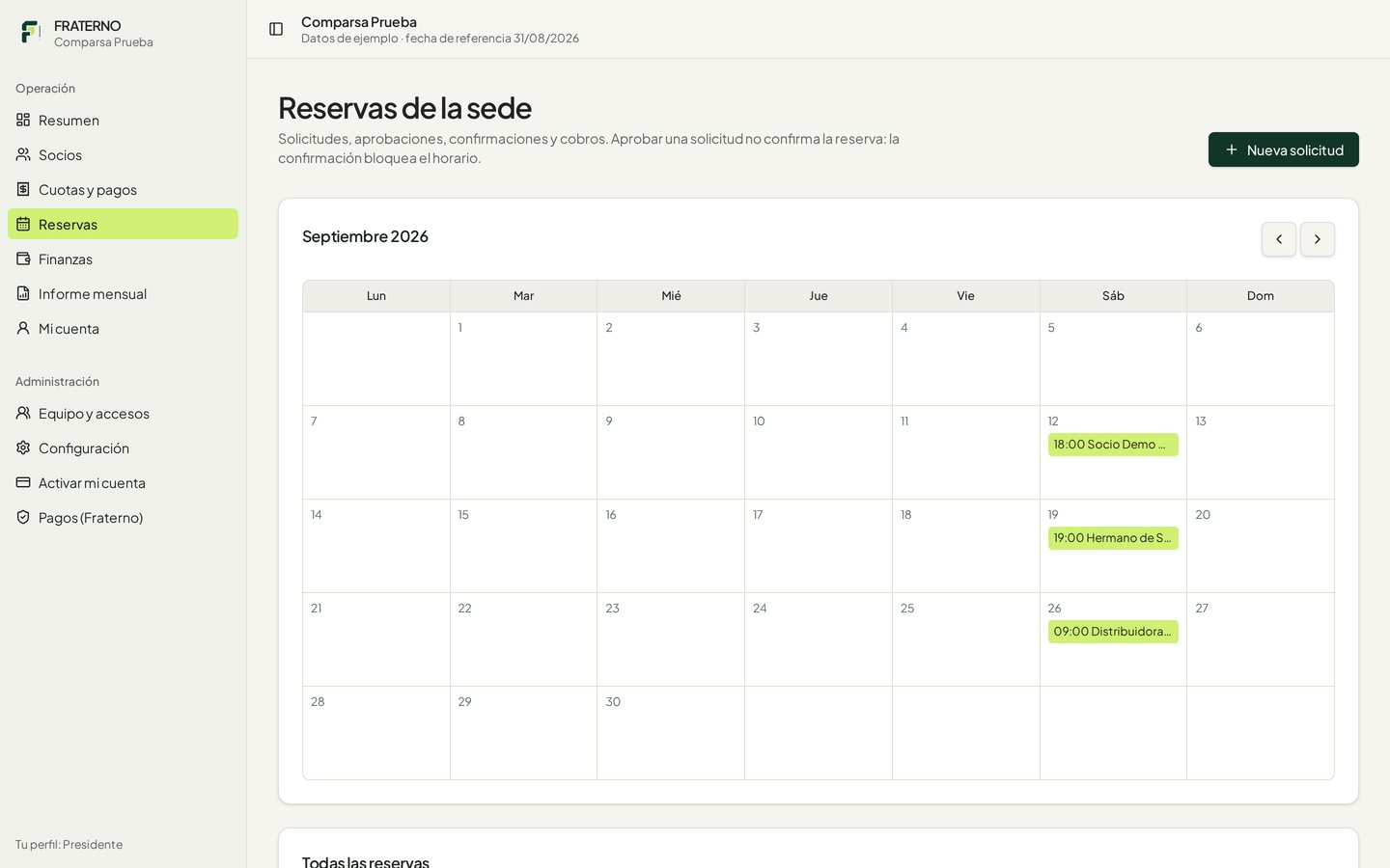 Calendario de reservas del Frater con eventos confirmados en septiembre.